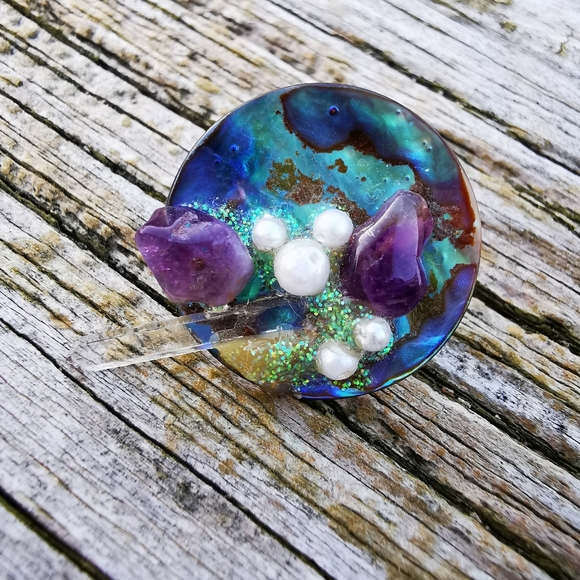 Handmade Abalone and Crystal Round Pierced Earrings - Picture 3 of 15